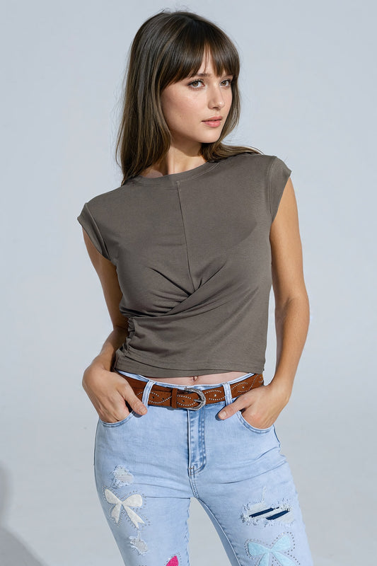 Khaki short-sleeved top crossed at the bottom front | Just Cool Beans — tops | bottoms