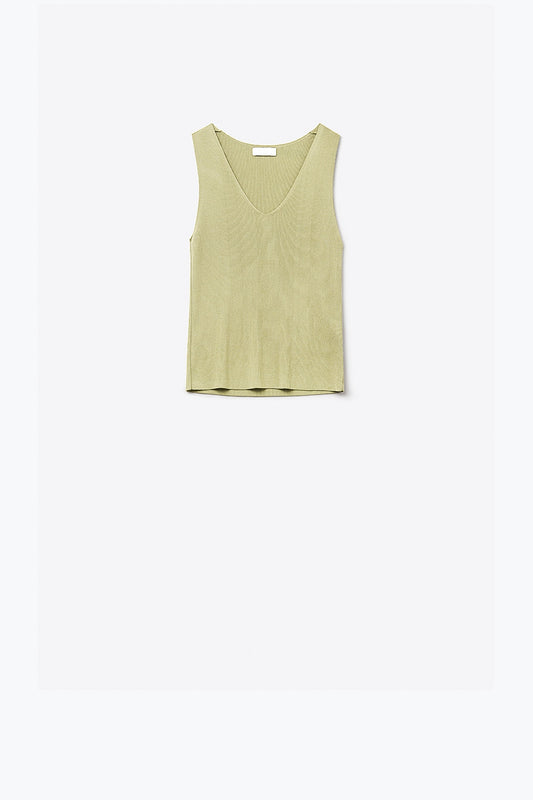 Khaki sleeveless fine knitted top with v-neck | Just Cool Beans — sweaters | tops