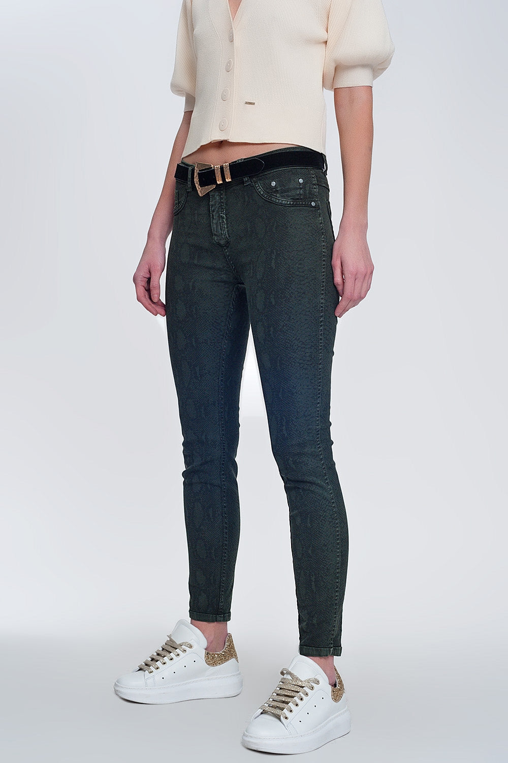 Khaki super skinny reversible pants with snake print | Just Cool Beans — jeans | bottoms