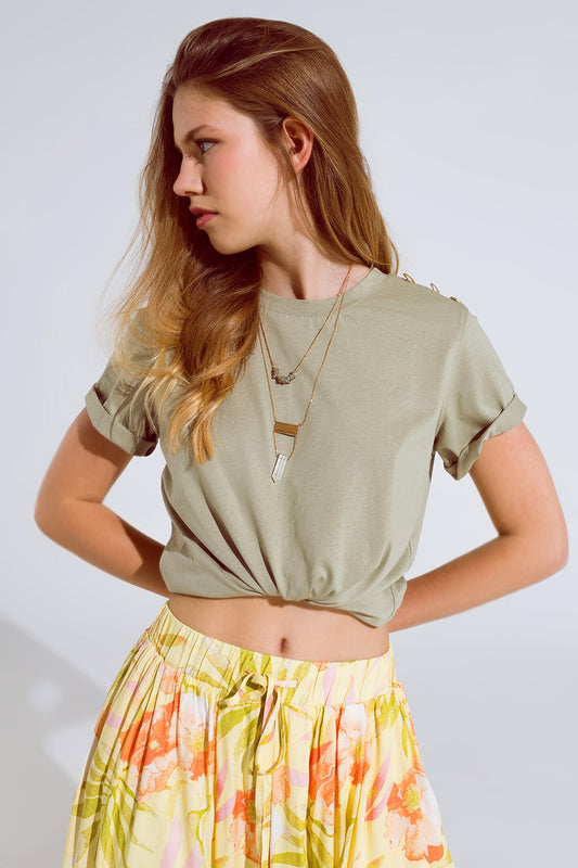 Khaki t-shirt with golden button detail on shoulder | Just Cool Beans — tops