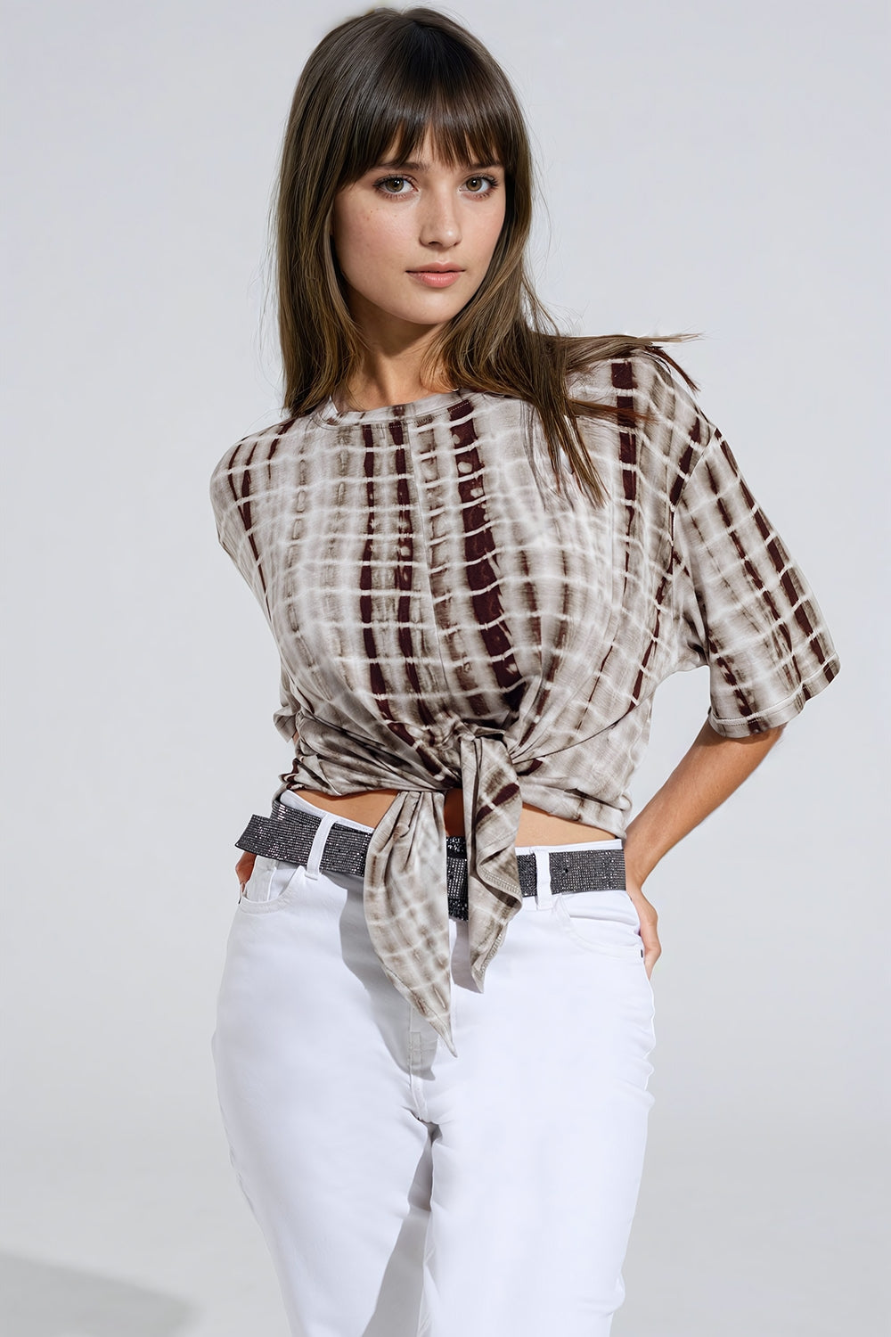 Khaki tie dye printed t-shirt with knot on the front | Just Cool Beans — tops