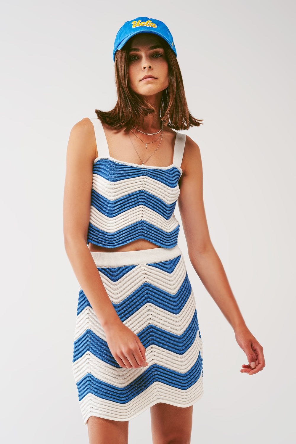 Knitted bandeau top in white and blue | Just Cool Beans — sweaters | tops