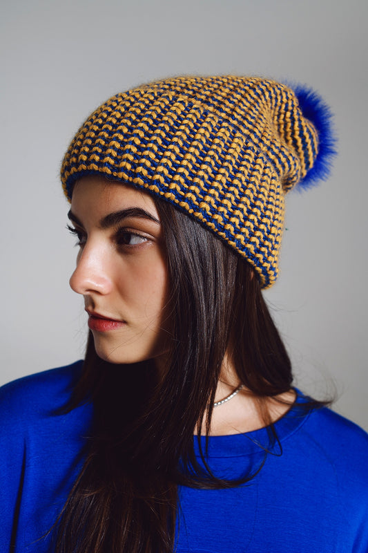 Knitted beanie with pom pom in blue and yellow | Just Cool Beans — nan | sweaters and jumpers