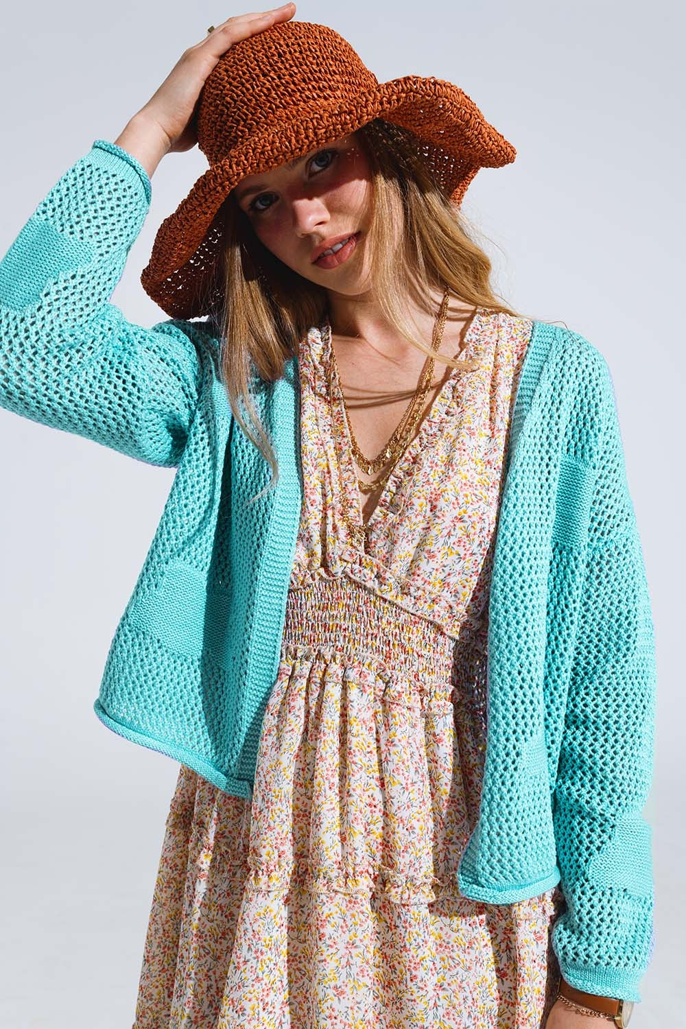 Knitted crochet cardigan with knitted clouds in light turquoise | Just Cool Beans — sweaters | tops