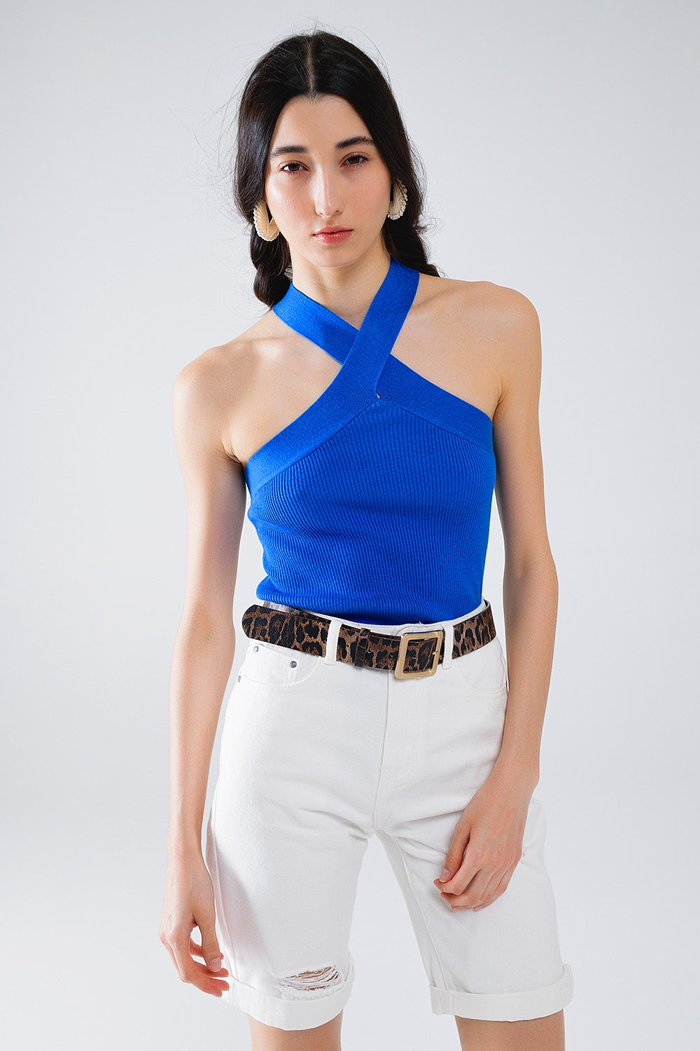 Knitted cross front cropped top in blue | Just Cool Beans — sweaters | tops