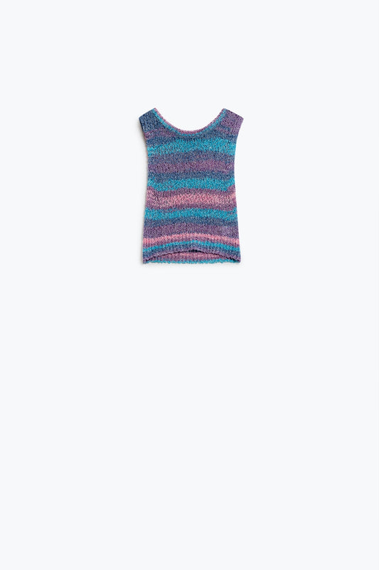 Knitted dark multicolor sleeveless sweater with stripes and crew neckline | Just Cool Beans — sweaters | tops
