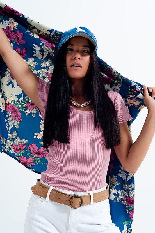 Knitted fit rib crew neck sweater in pink | Just Cool Beans — sweaters | tops