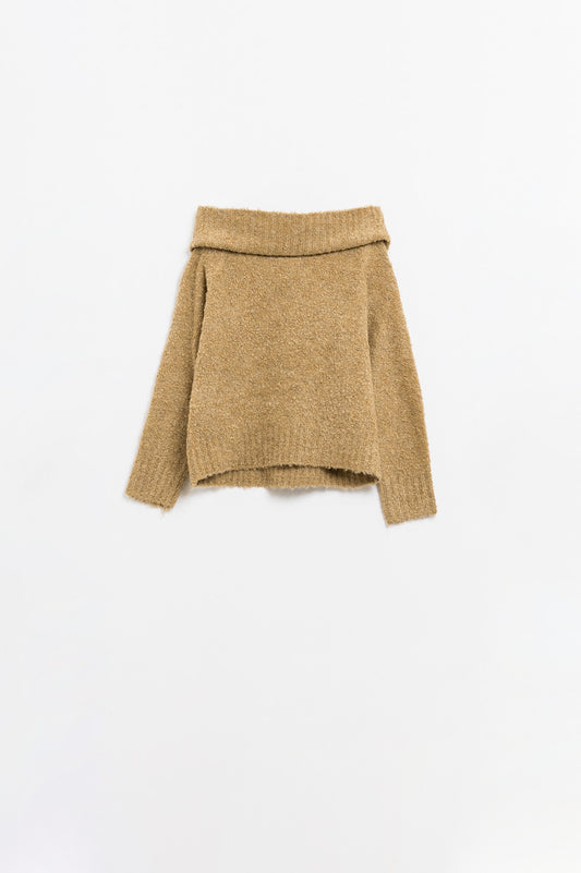 Knitted fluffy boat neck sweater in beige | Just Cool Beans — sweaters | tops