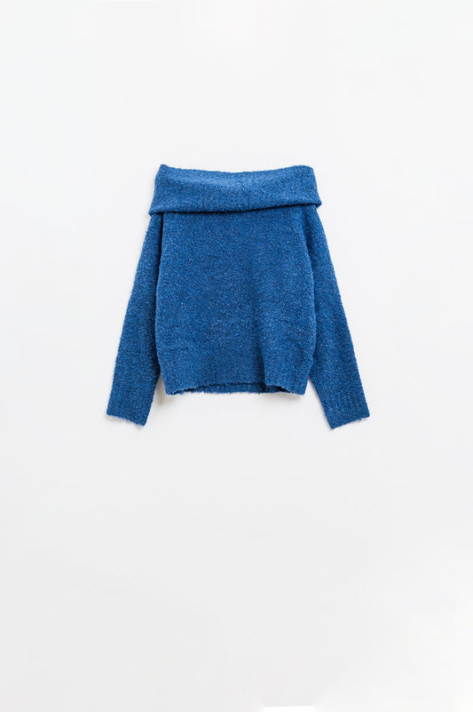 Knitted fluffy boat neck sweater in blue | Just Cool Beans — sweaters | tops