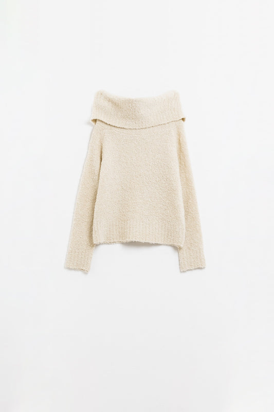 Knitted fluffy boat neck sweater in cream | Just Cool Beans — sweaters | tops