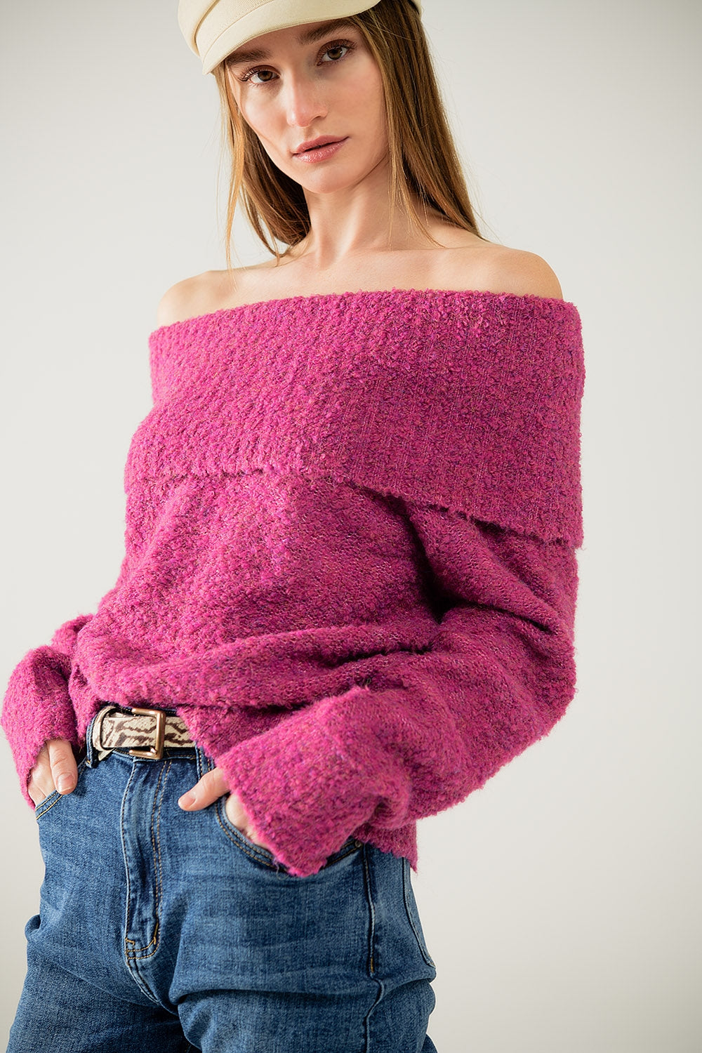 Knitted fluffy boat neck sweater in fucsia | Just Cool Beans — sweaters | tops