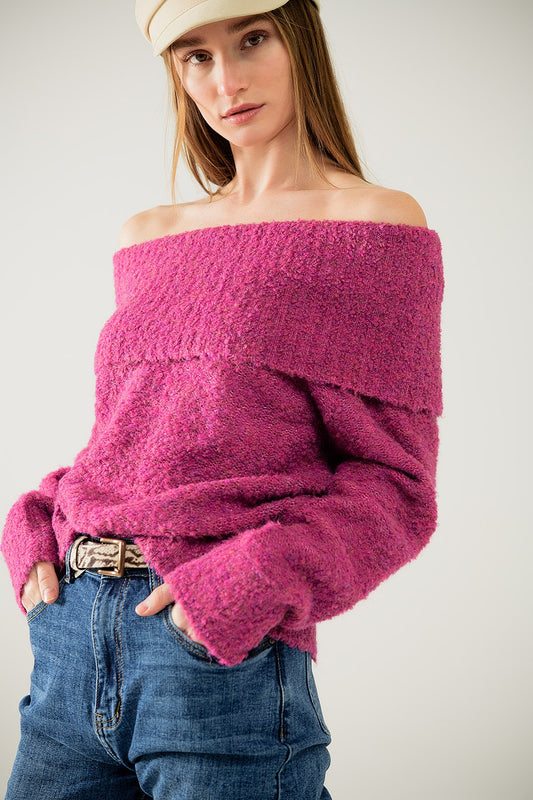 Knitted fluffy boat neck sweater in fucsia | Just Cool Beans — sweaters | tops