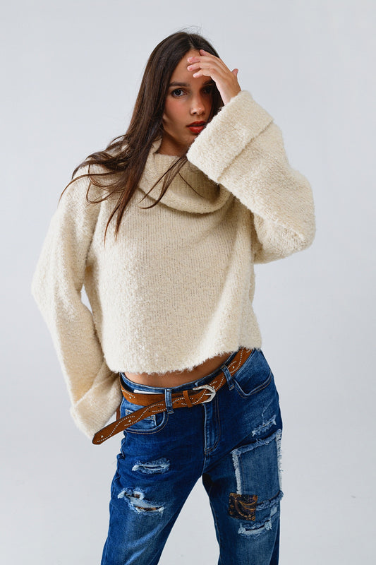 Knitted fluffy high neck sweater in cream | Just Cool Beans — sweaters | tops