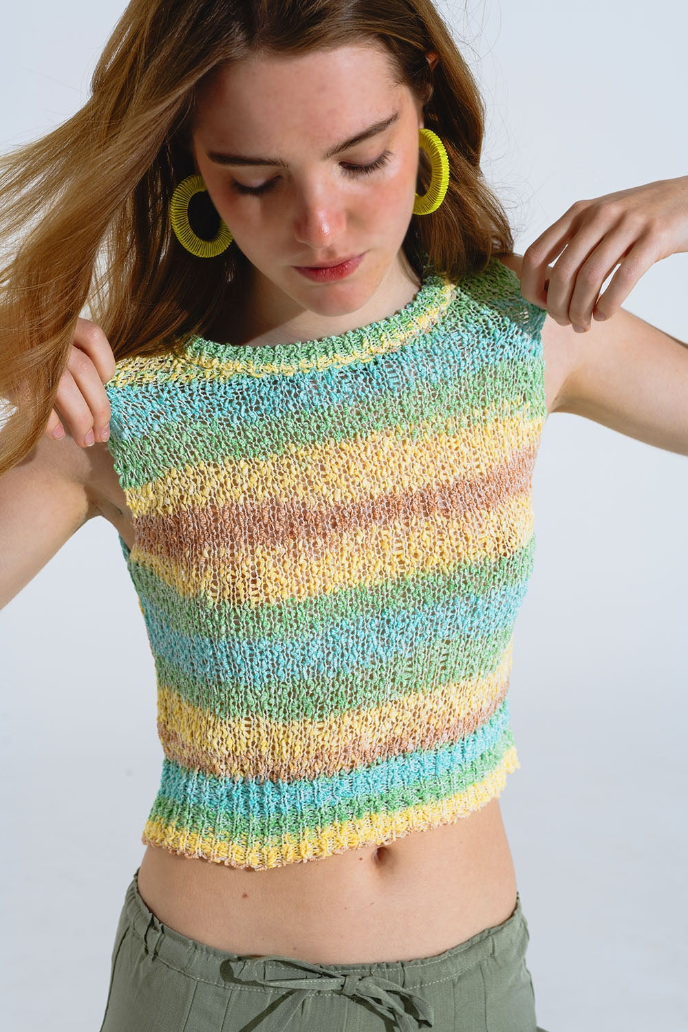 Knitted multicolor sleeveless sweater with stripes and crew neckline | Just Cool Beans — sweaters | tops