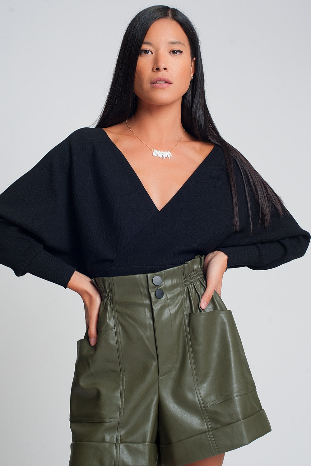Knitted sweater with wrapped v-neck in black | Just Cool Beans — sweaters | tops
