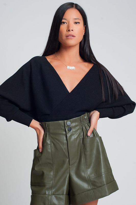 Knitted sweater with wrapped v-neck in black | Just Cool Beans — sweaters | tops