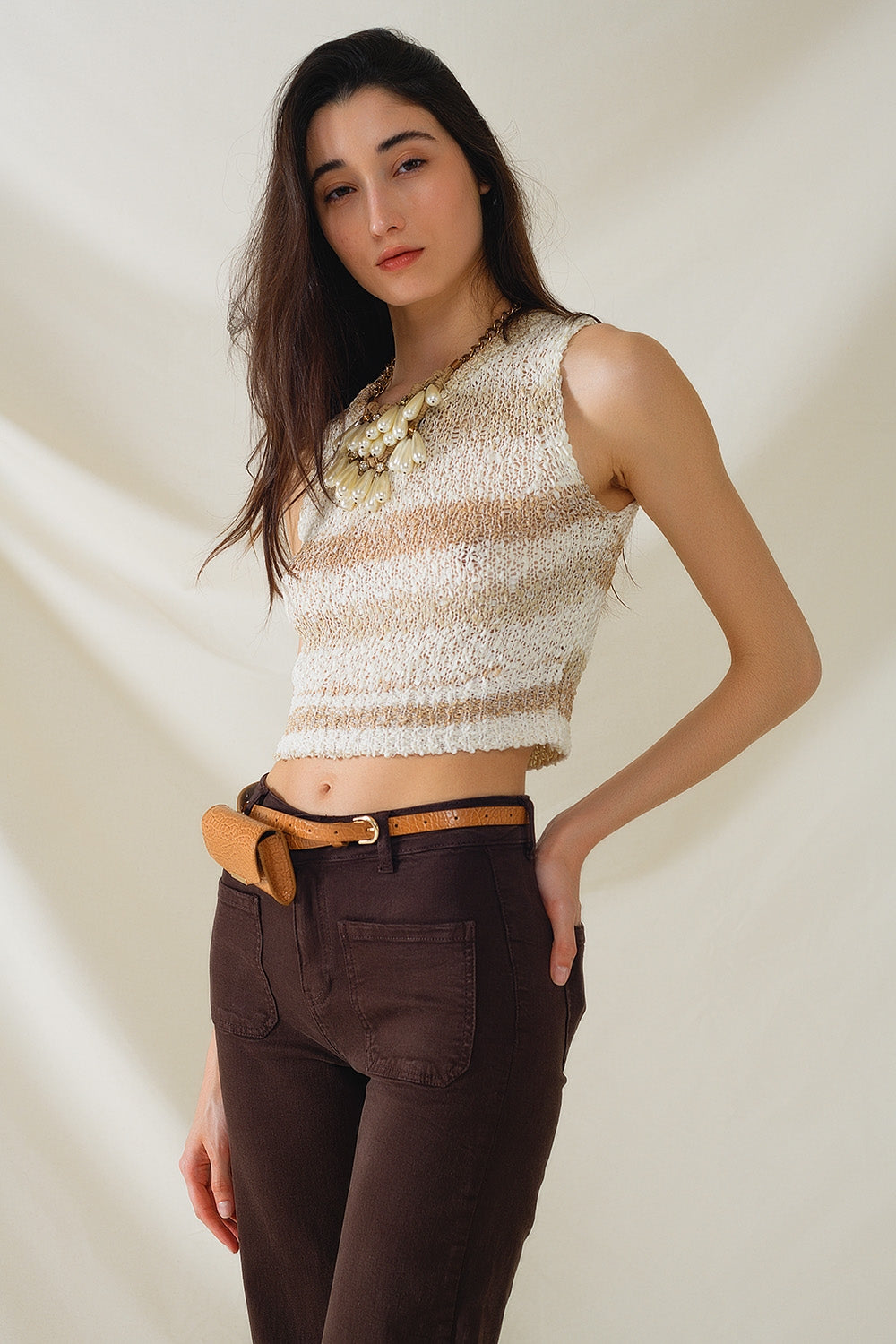 Knitted tints of beige sleeveless sweater with stripes and crew neckline | Just Cool Beans — sweaters | tops