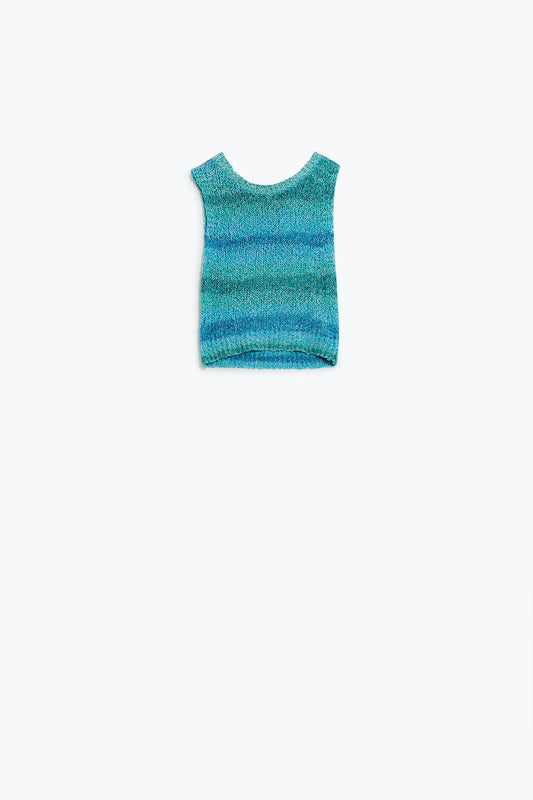 Knitted tints of blue sleeveless sweater with stripes and crew neckline | Just Cool Beans — sweaters | tops