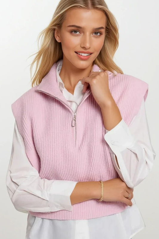 Knitted vest with high half-zip collar and large armholes in pink | Just Cool Beans — sweaters | tops
