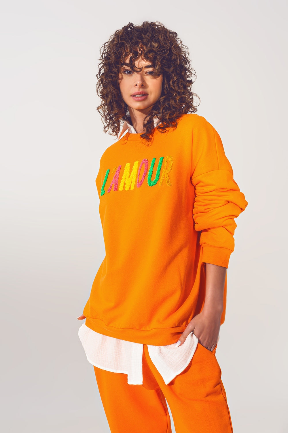 L'amour text sweater in orange | Just Cool Beans — sweaters | tops
