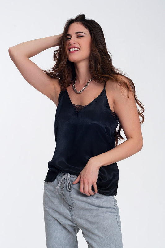 Lace insert satin cami top in black | Just Cool Beans — tops