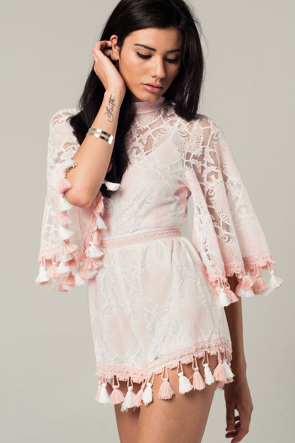 Lace romper with tassels in pink | Just Cool Beans — dresses