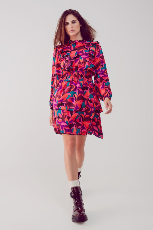 Layered frill mini dress in fucshia floral | Just Cool Beans — dresses