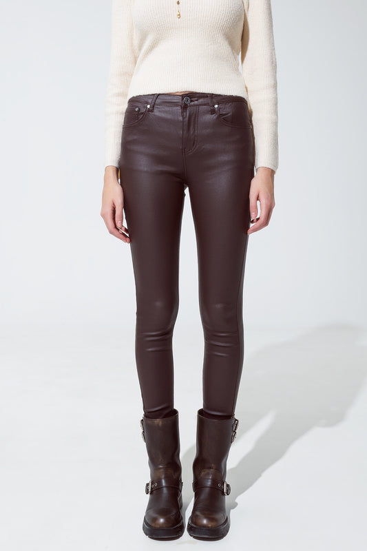Leatherette effect super skinny pants in dark brown | Just Cool Beans — pants | bottoms