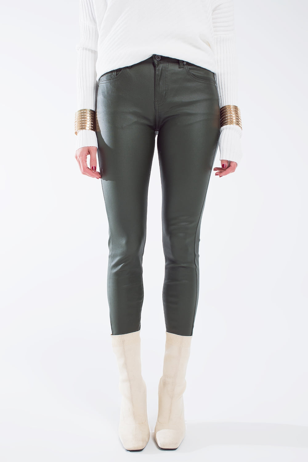 Leatherette effect super skinny pants in olive green | Just Cool Beans — pants | bottoms