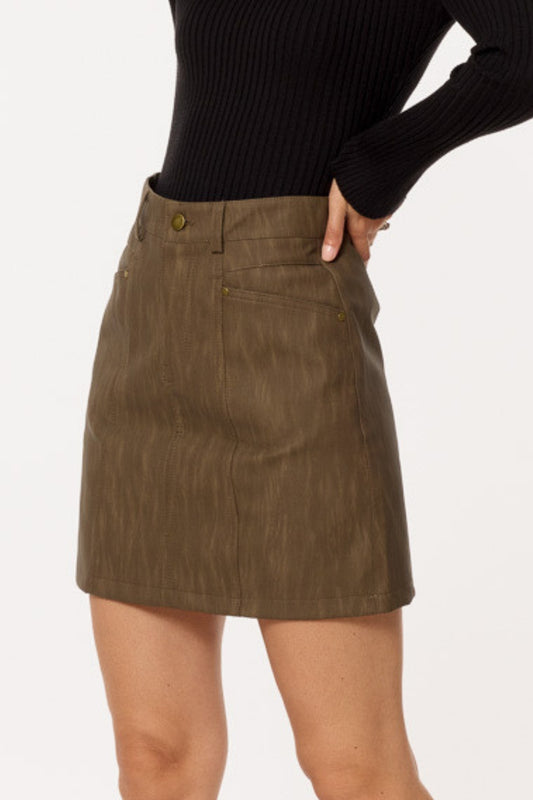 Leatherette straight mini skirt in brown with pockets | Just Cool Beans — skirts