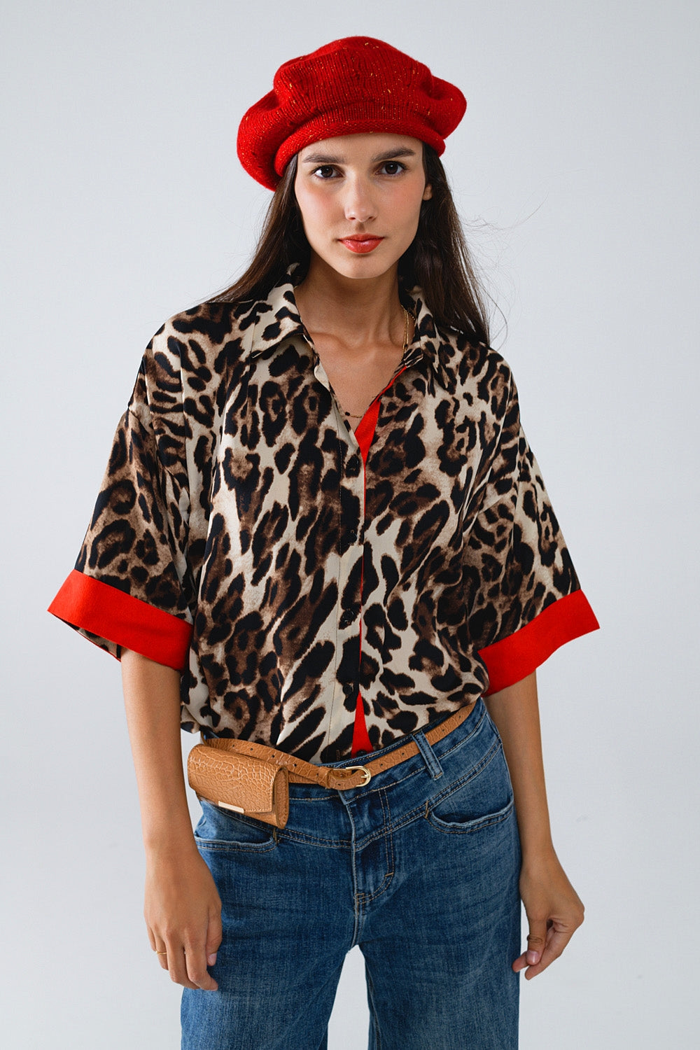 Leopard 3/4 sleeves shirt with red details | Just Cool Beans — shirts | nan