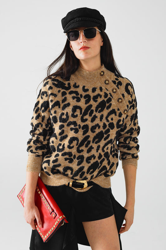 Leopard knit sweater with buttons on the side | Just Cool Beans — sweaters | tops
