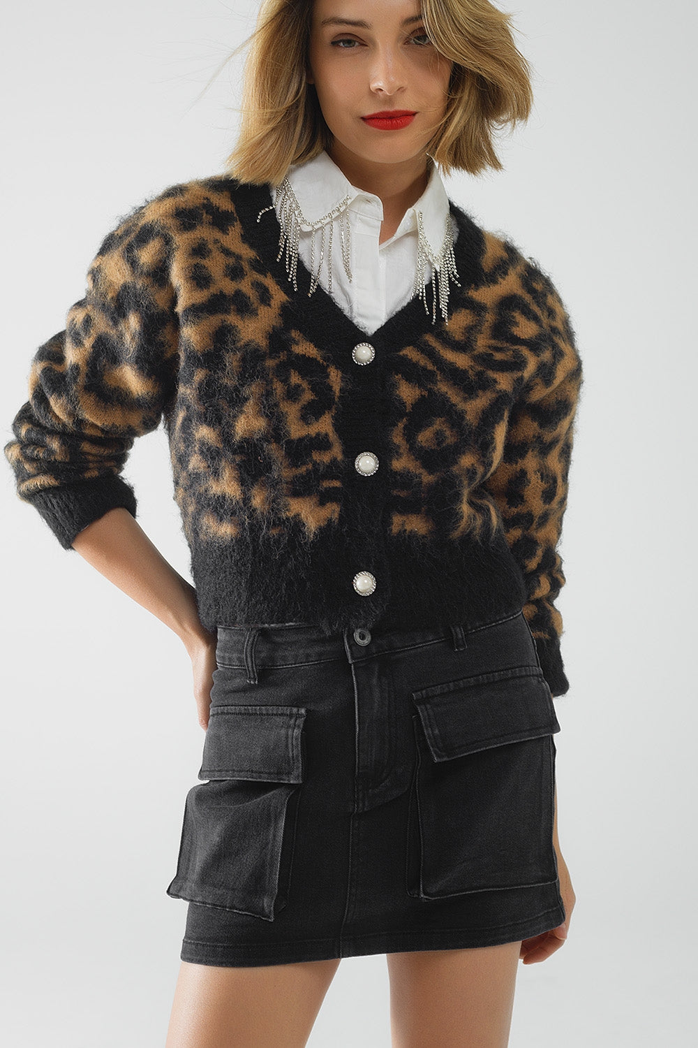 Leopard print cardigan made of knitted fabric with wool in camel | Just Cool Beans — sweaters | tops