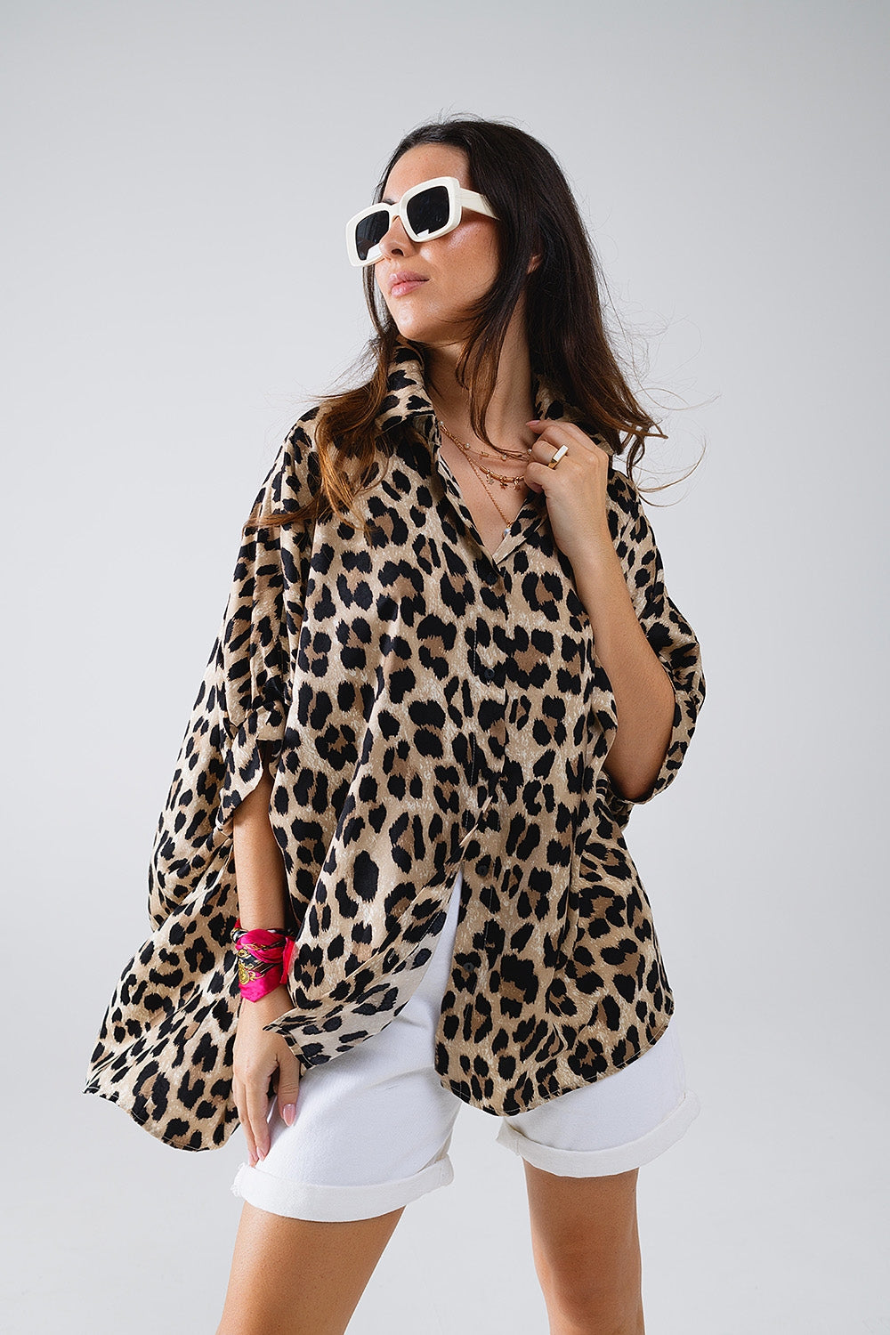 Leopard print oversize shirt with 3/4 long sleeves | Just Cool Beans — shirts | nan