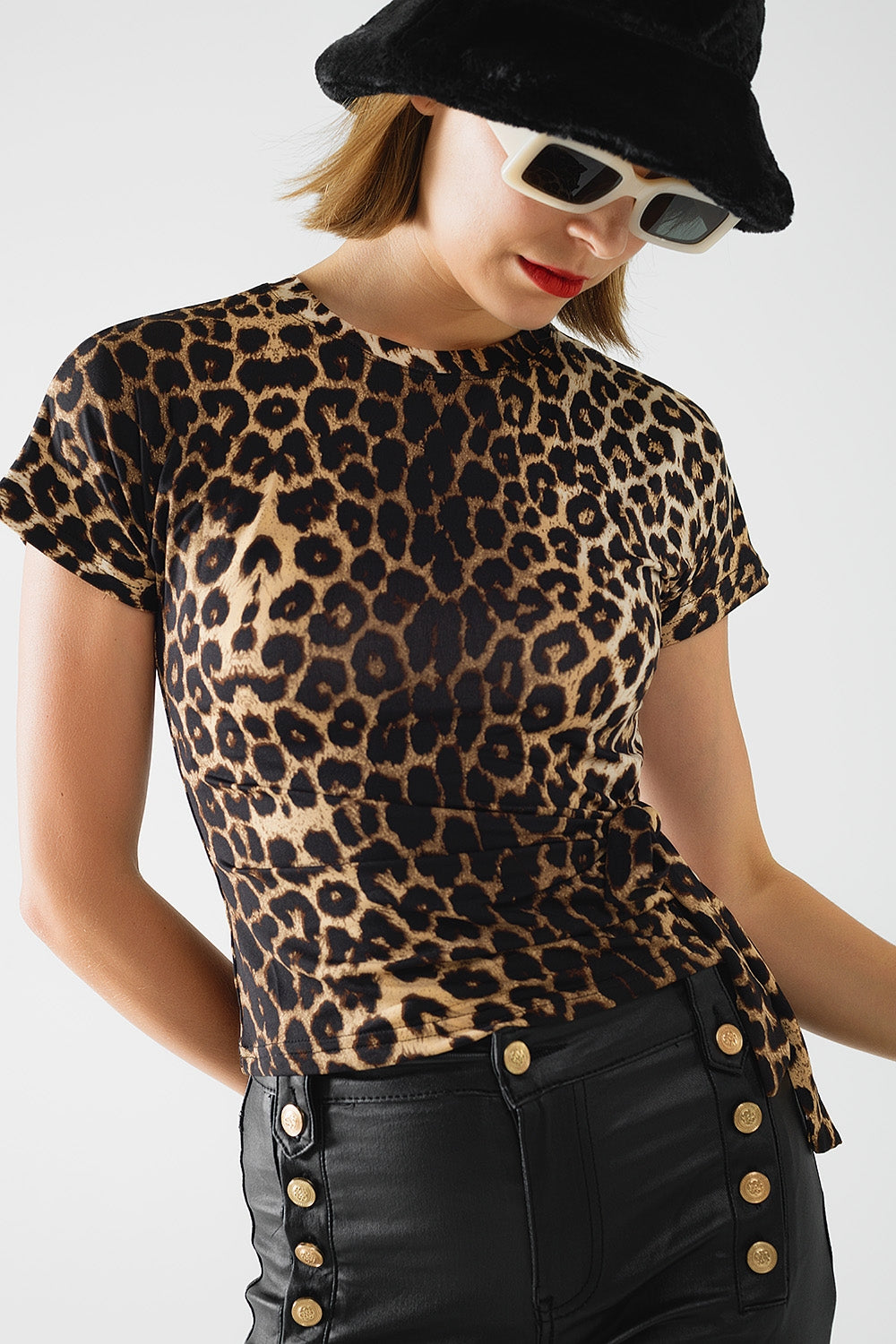 Leopard print spandex t-shirt with bow detail | Just Cool Beans — tops