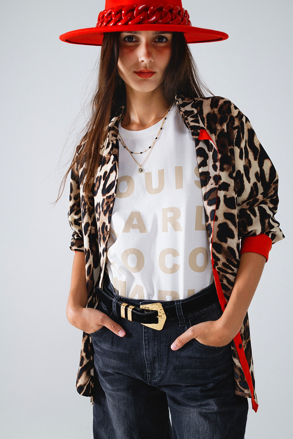 Leopard shirt with red button placket and red sleeves detail | Just Cool Beans — shirts | nan