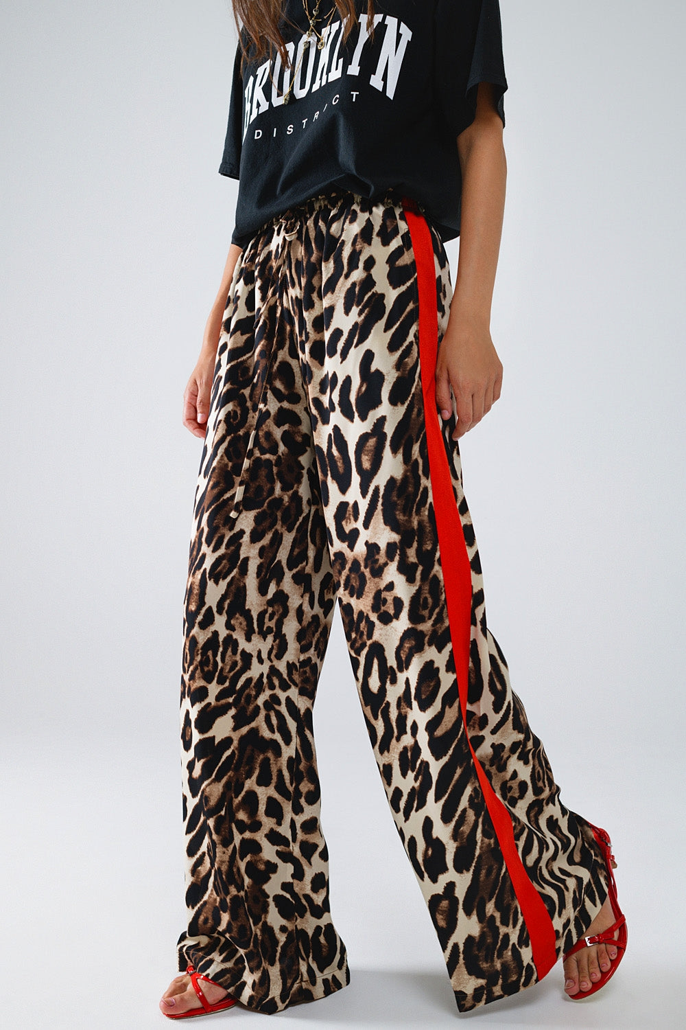 Leopard straight pants with red stripes down the sides | Just Cool Beans — pants | bottoms