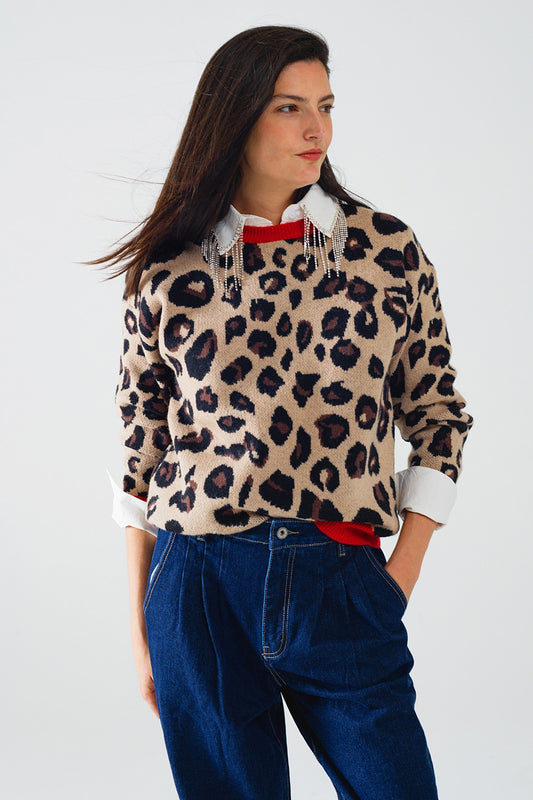 Leopard sweater with red detail on the neck and sleeves | Just Cool Beans — sweaters | tops