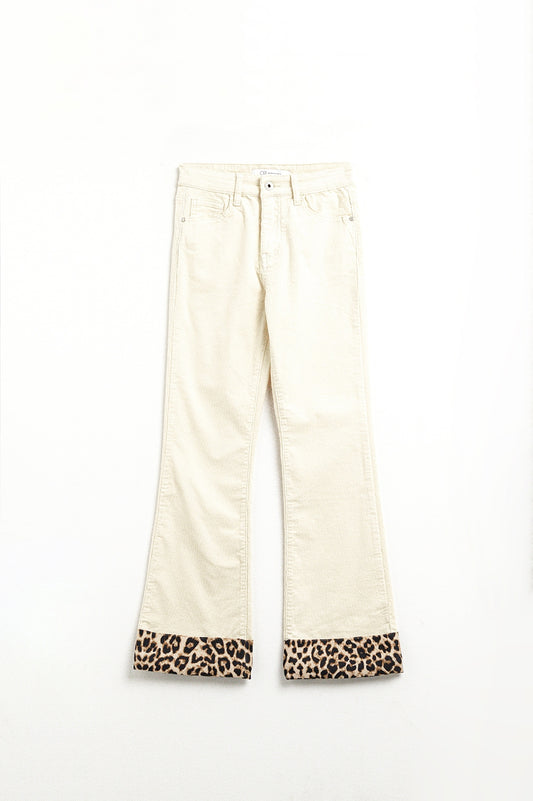 Light beige corduroy flare pants with leopard print at the bottom | Just Cool Beans — pants | bottoms