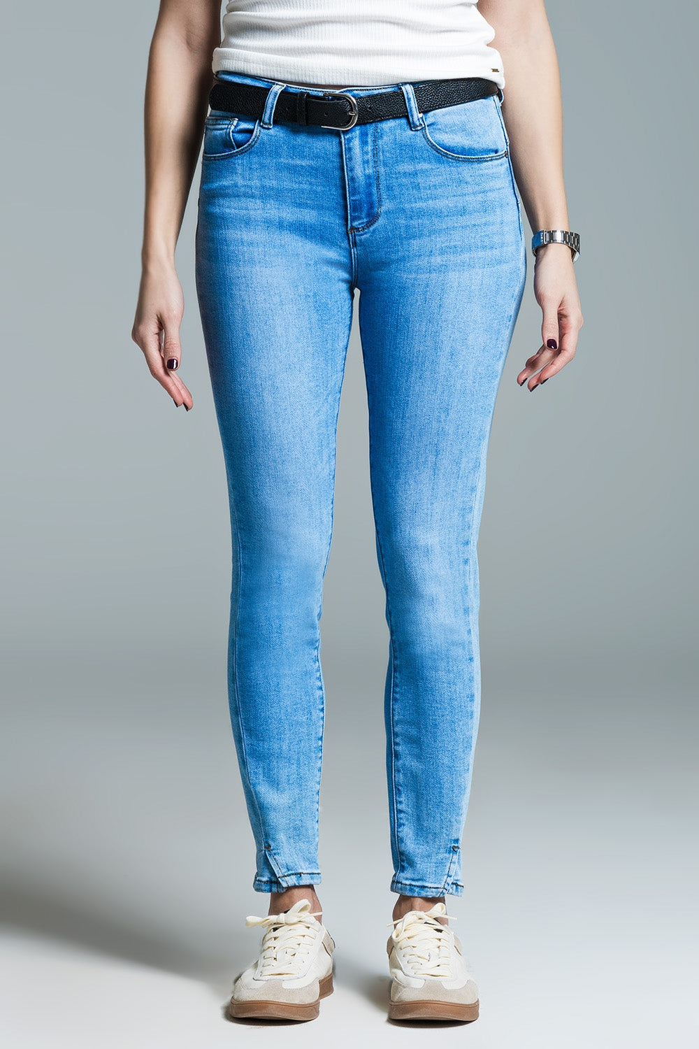 Light blue basic skinny jeans with short slit at hem | Just Cool Beans — jeans | bottoms