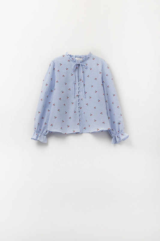 Light blue blouse with cherry details and tied bow | Just Cool Beans — shirts | tops