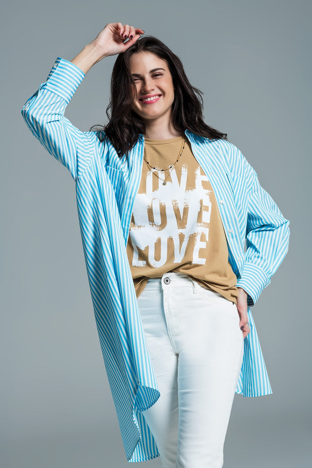 Light blue oversized blouse with white stripes | Just Cool Beans — shirts | tops