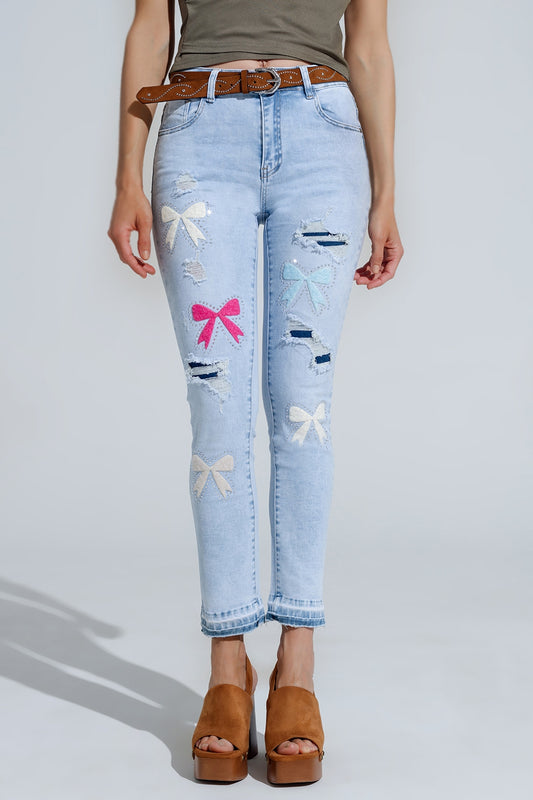 Q2 Light Blue super Skinny Jeans With Bow ties and Ripped Holes