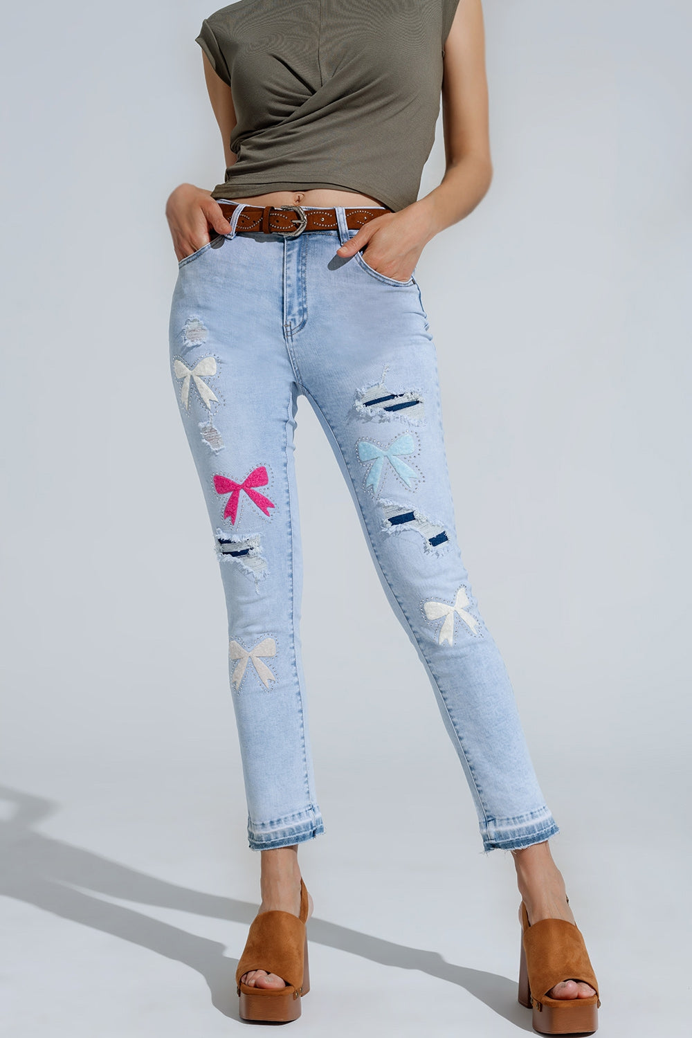 Light Blue Super Skinny Jeans With Bows