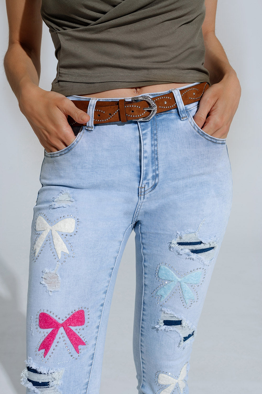 Light Blue Super Skinny Jeans With Bows