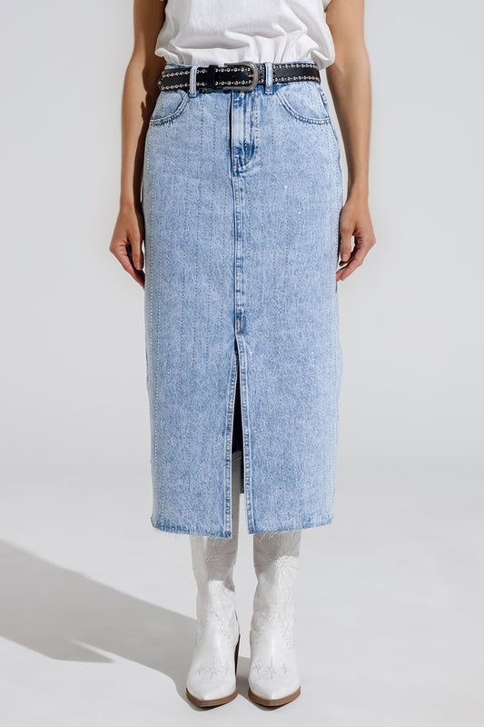 Light denim midi skirt with front slit and diamante embellishment | Just Cool Beans — skirts