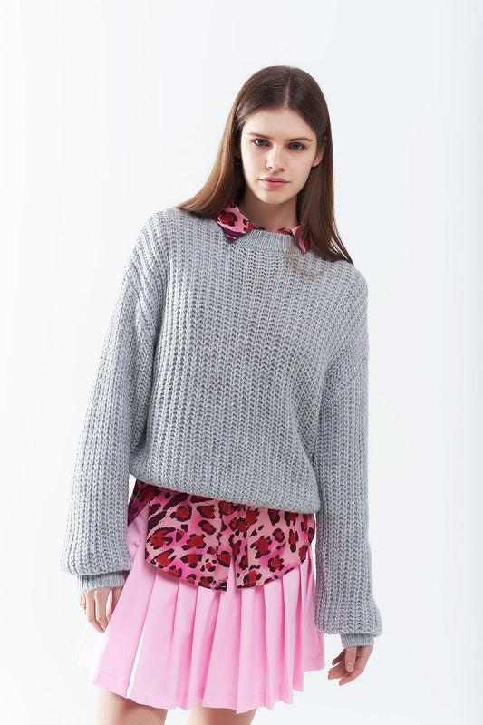 Light grey chunky knit sweater with balloon sleeves | Just Cool Beans — sweaters | tops