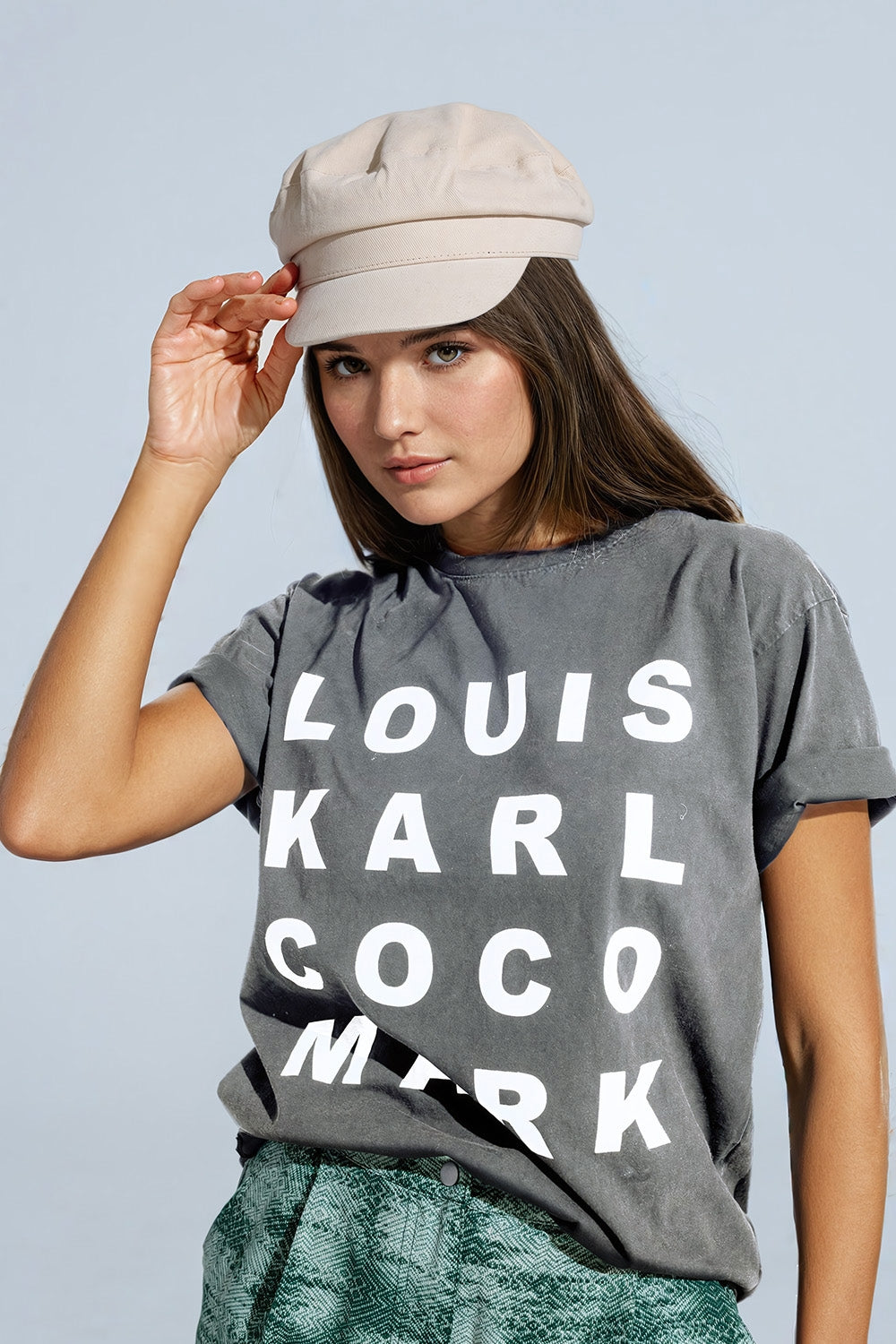 Light grey t-shirt with famous names logos at the front | Just Cool Beans — tops
