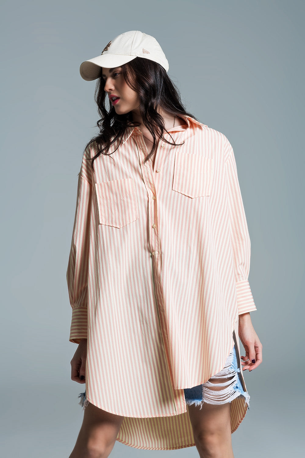 Light orange oversized blouse with white stripes | Just Cool Beans — shirts | tops