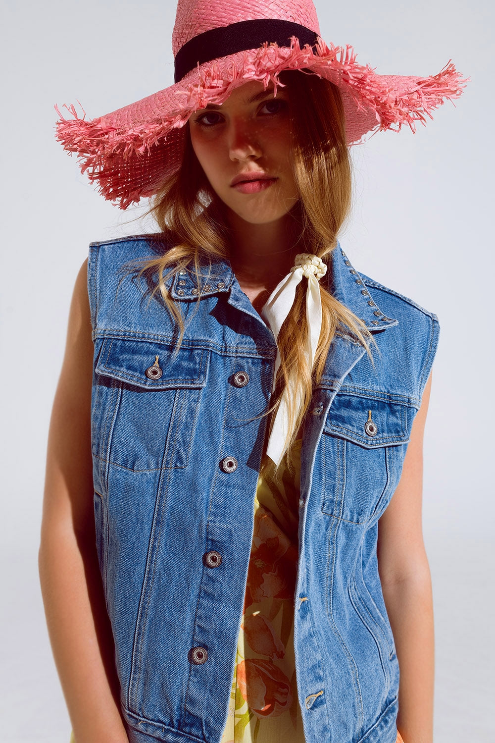 Light wash denim vest with rhinestone detail on the collar | Just Cool Beans — coats and jackets | jackets